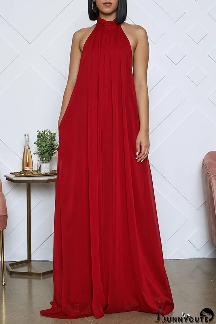 Burgundy Elegant Solid Patchwork Backless Halter Straight Jumpsuits
