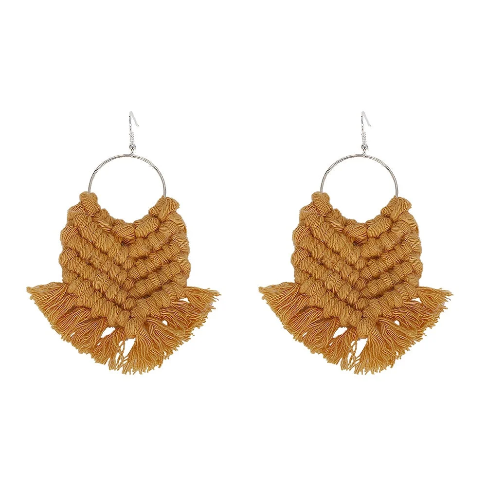 Dvacaman Bohemian Rainbow Handmade Macrame Earrings for Women Cotton Thread Feather Fringe Tassel Dangle Earrings Ethnic Jewelry