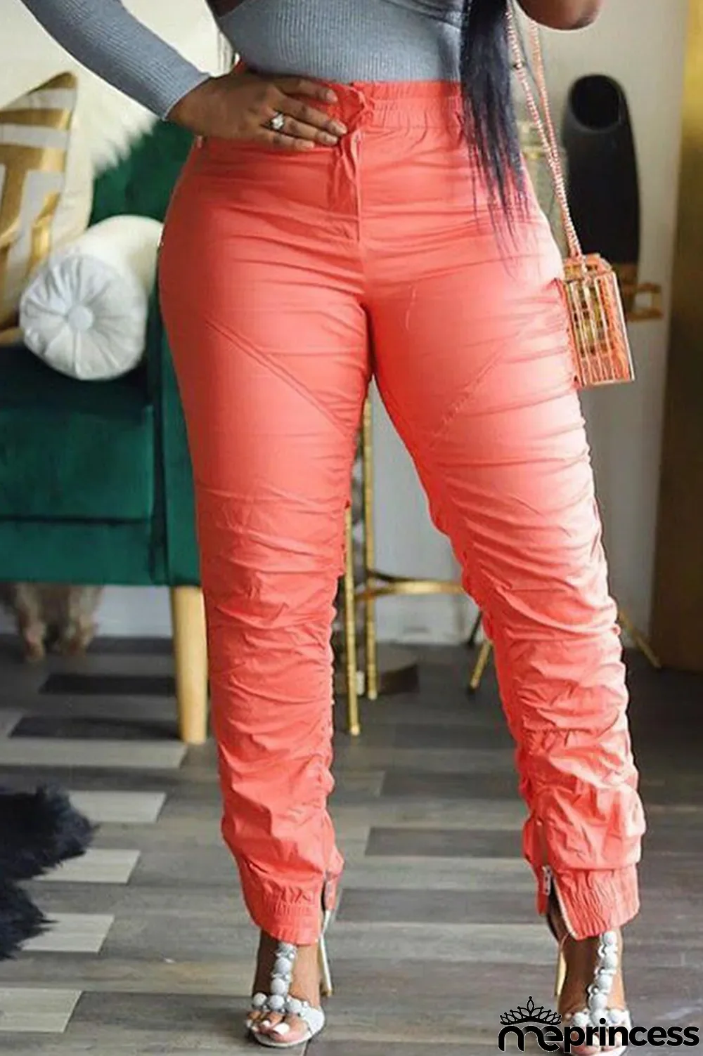 Orange Polyester Zipper Fly Low Solid Draped pencil Pants Bottoms
