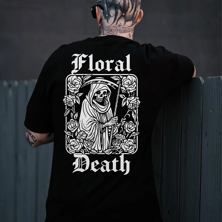 FLORAL DEATH Skulls with Roses Fire Black Print T-shirt