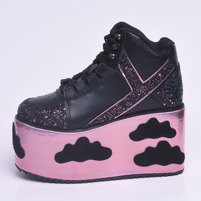 Colorful clouds Platform Shoes For Woman Punk Style Lace-up High Heel Wedges Shoes Sweet Women Ankle Boots For Mujer Shoes 2022