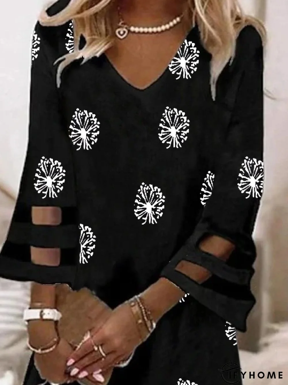 Casual V Neck Dandelion Loose Three Quarter Tunic Dress | IFYHOME