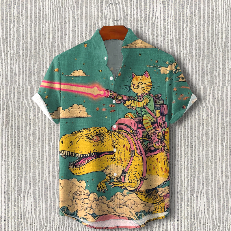 Men's Cat Dinosaur Fun Pattern Vacation Shirt