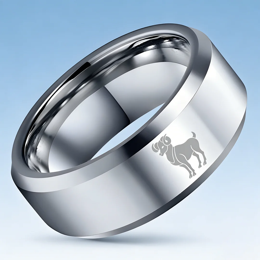 Sliver Aries Couple Wedding Bands Beveled Edges Laser Etched Tungsten Carbide Rings 4MM 6MM 8MM