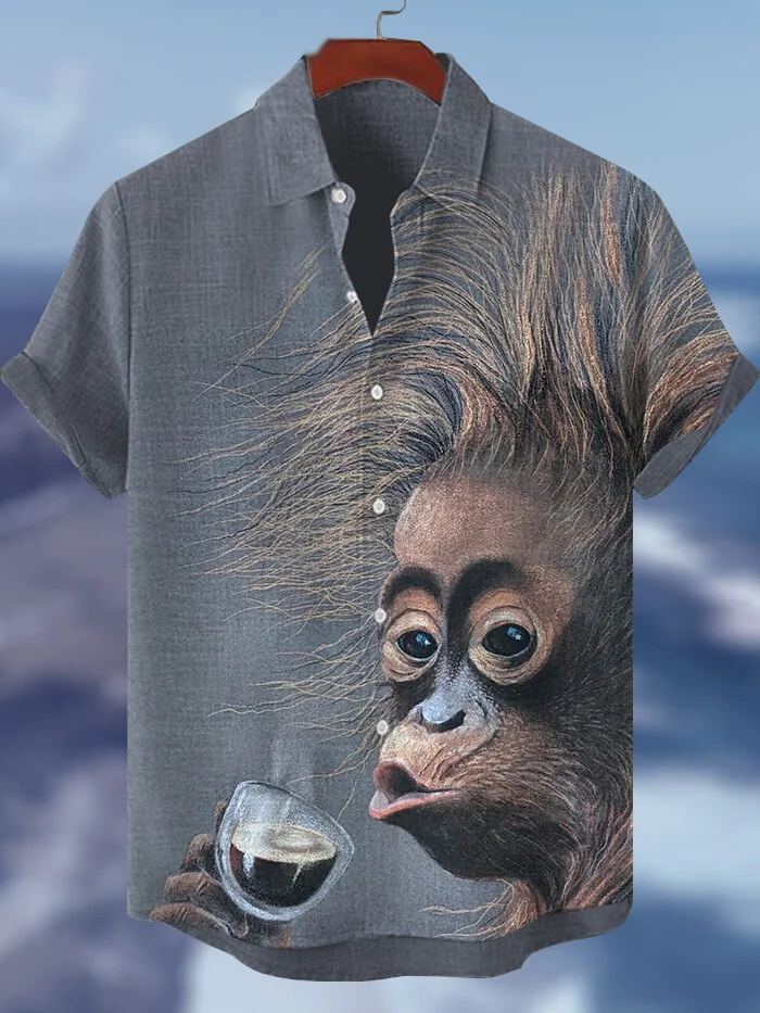 Men's Gorilla Drinking Coffee Art Print Shirt