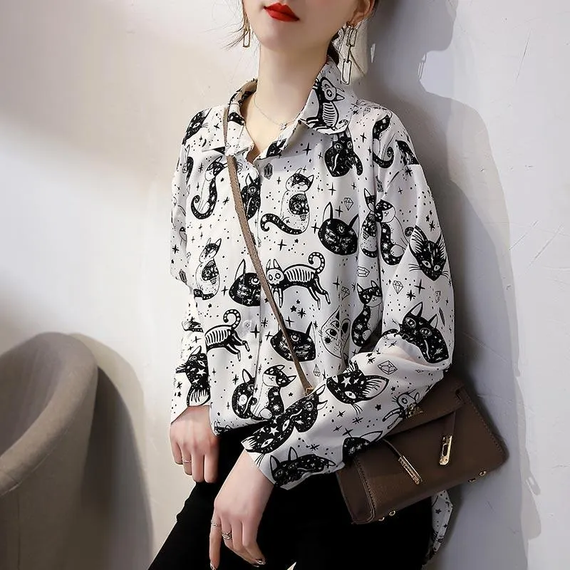 Cute Kitten Print Long Sleeve Shirt