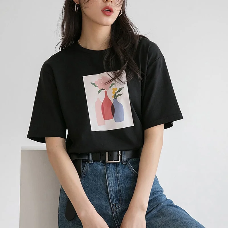 Hirsionsan Aesthetic Printed T Shirt Women 2021 New Soft 1005 Cotton Balck Summer Tops O-neck Cusual Short Sleeve Female Tees