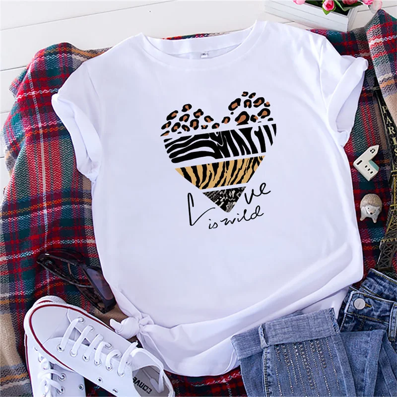 White Woman Tshirts Summer TShirt Fashion Heart Leopard Print Shirt 100%Cotton Tops O Neck Short Sleeve Tees Women Graphic Tee