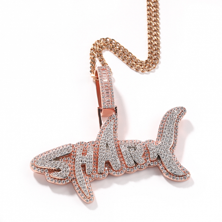 Two Tone Iced Out Shark Pendant Necklace Hip Hop Jewelry-VESSFUL