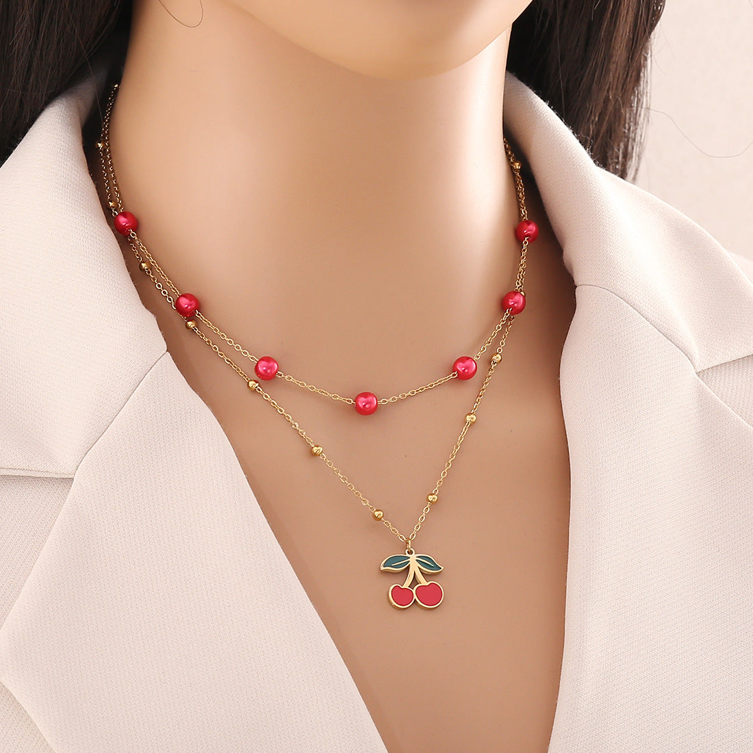 Cute Cherry Pendant Necklace Fashion Stainless Steel Double Chain N1468