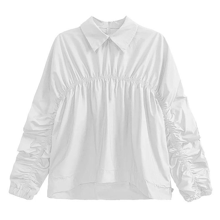 Street Style Solid Color Lapel Pleated Drawstring Hem Long Sleeve Shirt