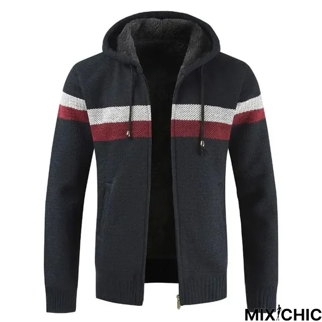 Men Sweater Coat Thick Warm Hooded Cardigan Jumpers Striped Wool Liner Zipper Fleece Coats