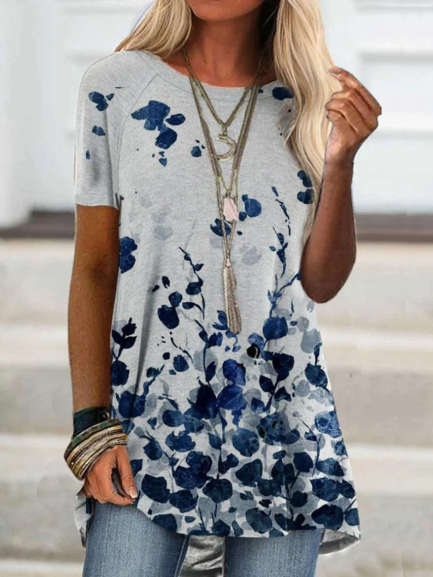 Round Neck Floral Print Short-Sleeved T-Shirt