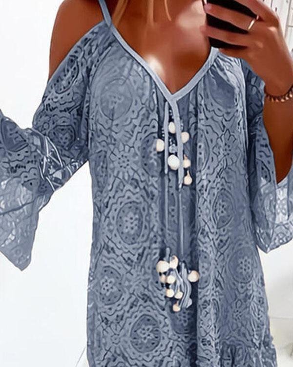 Lace Crochet 3/4 Sleeves Off Shoulder Tunic Dresses - Chicaggo