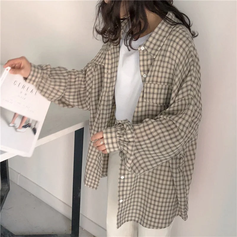 Shirts Women Kawaii Simple Casual Plaid Loose Korean Style Daily All-match Harajuku Cute Student Womens Clothing Fashion Vintage