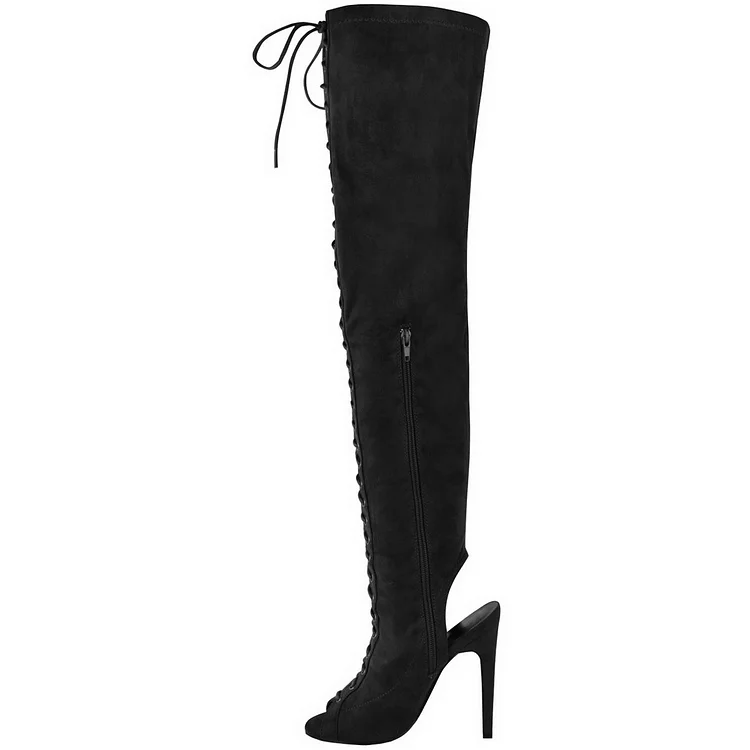Black Lace up Boots Slingback Peep Toe Over-the-knee Boots |FSJ Shoes