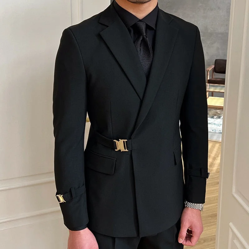 Inongge Solid Metal Buckle Decoration Blazer For Men Party Wedding Banquet Blazer Italian Designer Suit Jacket Slim Fit Blazer Homme