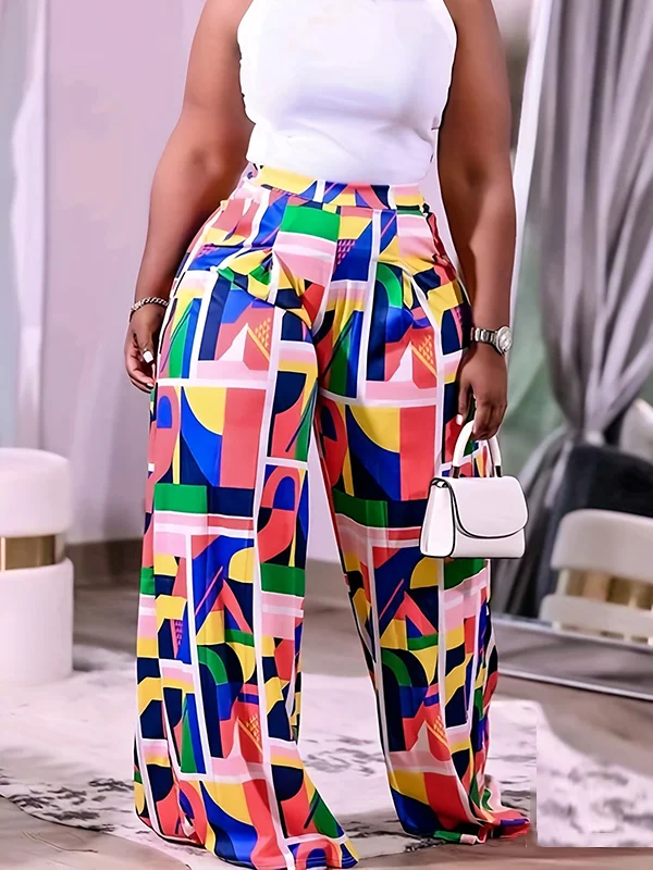 Colorful Contrast Color Printed Plus Size Wide Leg Trousers Pants