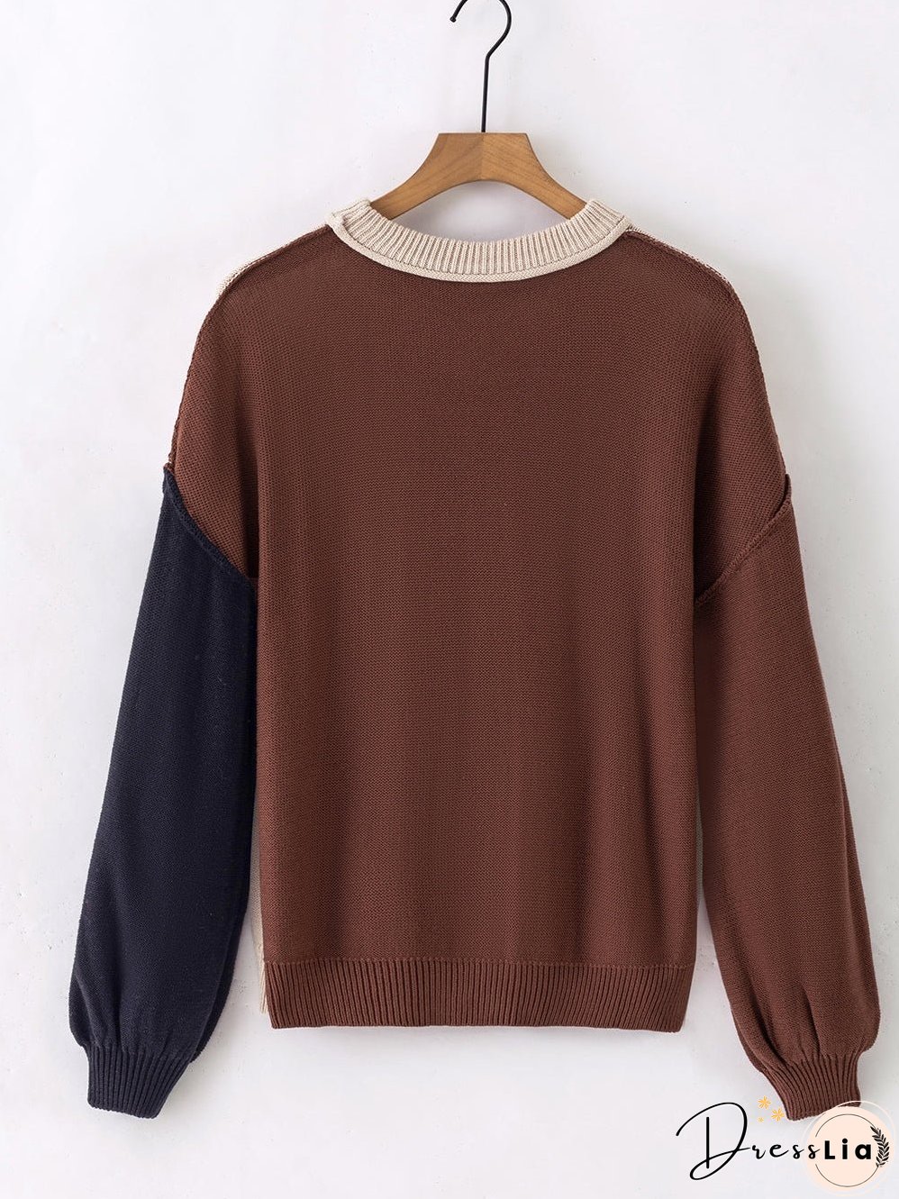 Brown Colorblock Bishop Sleeve Patchwork Rib Knit Sweater