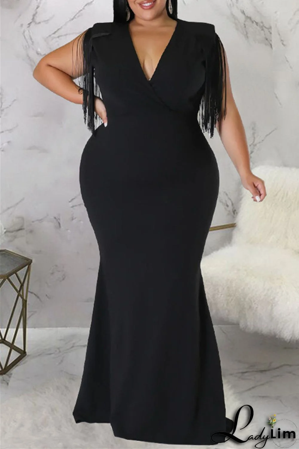 Black Fashion Casual Plus Size Solid Tassel Patchwork V Neck Long Dress