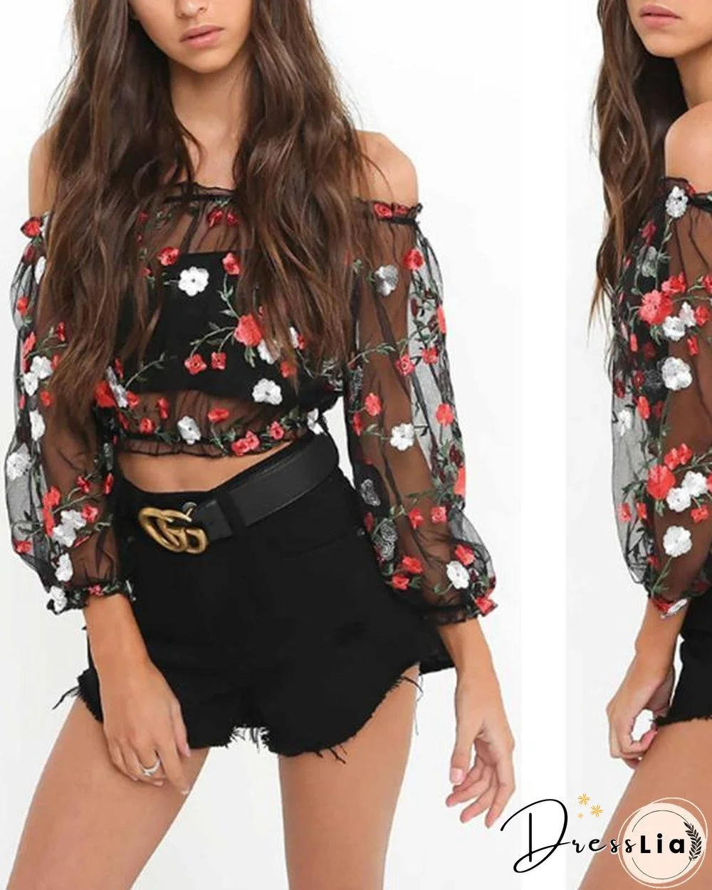 Embroidered Transparent Mesh Sheer Off-Shoulder Blouses