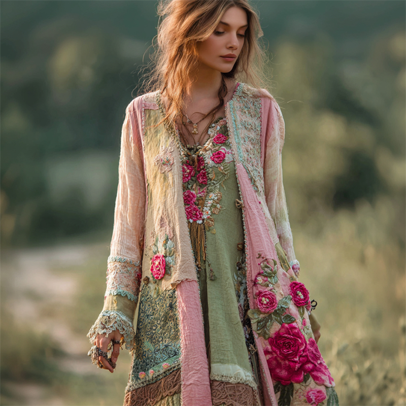 Vintage Boho Rózsaszín Rózsaszín Hímzett Virágmintás Patchwork Len Hosszú Kardigán