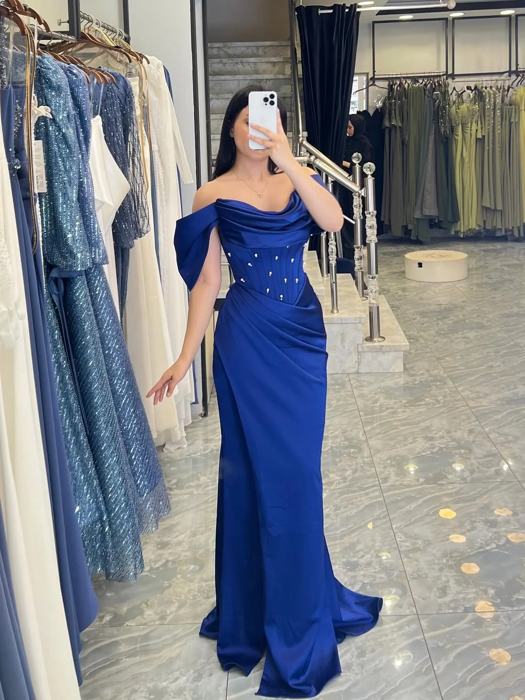Noble Royal Blue Beaded Pleated Off-The-Shoulder Mermaid Prom Dress YK0193