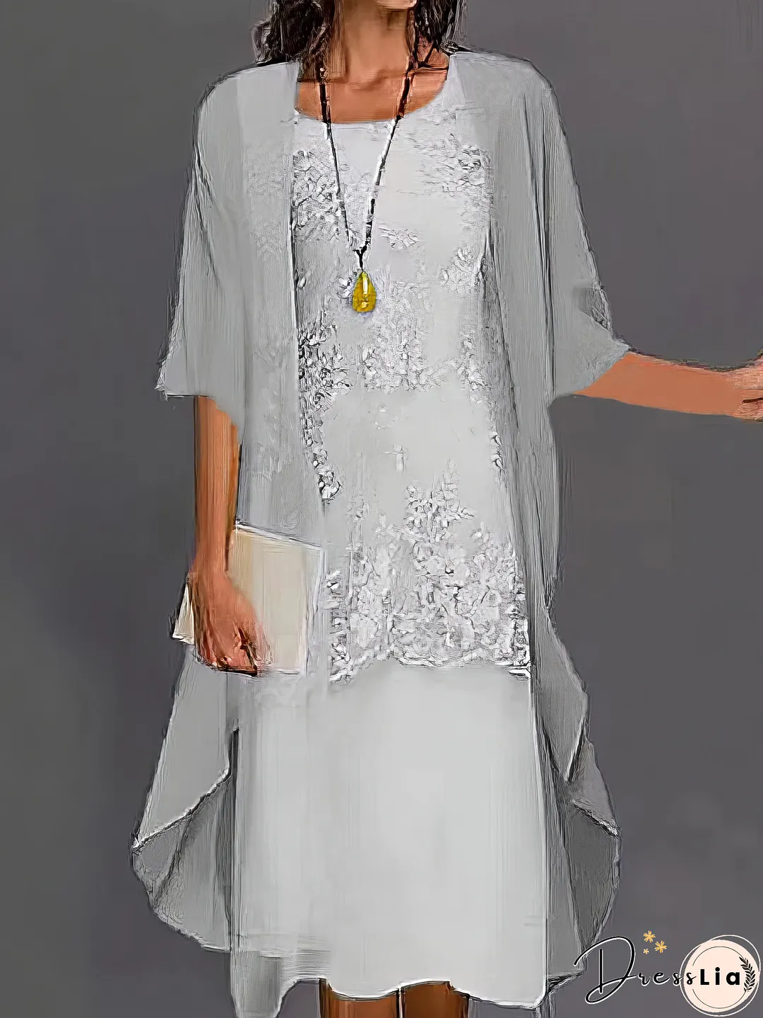 Lace Floral Embroidered Layered Patchwork Crew Neck Elegant Midi Dress