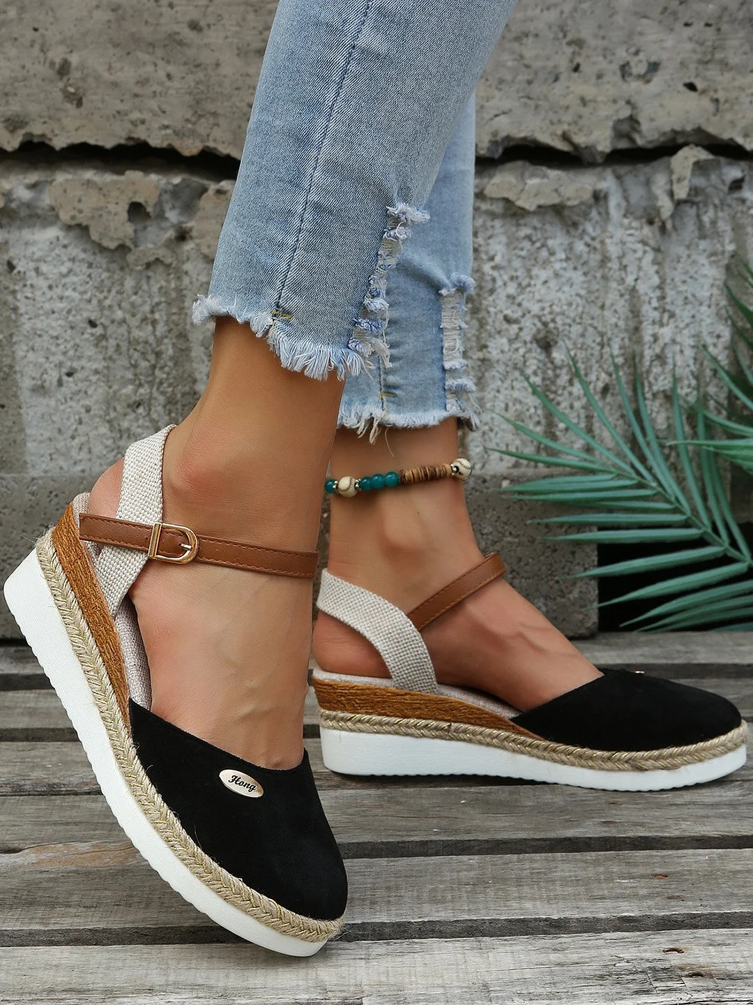 Women Color Block Summer Vacation Braided Non-Slip Block Heel Espadrille Sandals Adjustable Buckle EVA Wedges&Flatform