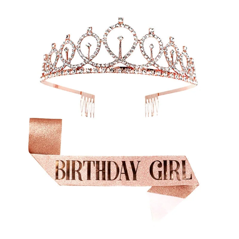 Gold Silver Glitter Birthday Sash Rhinestone Tiara 18th Crystal Crown Birthday Queen Satin Ribbon Sash For Birthday Party Decor