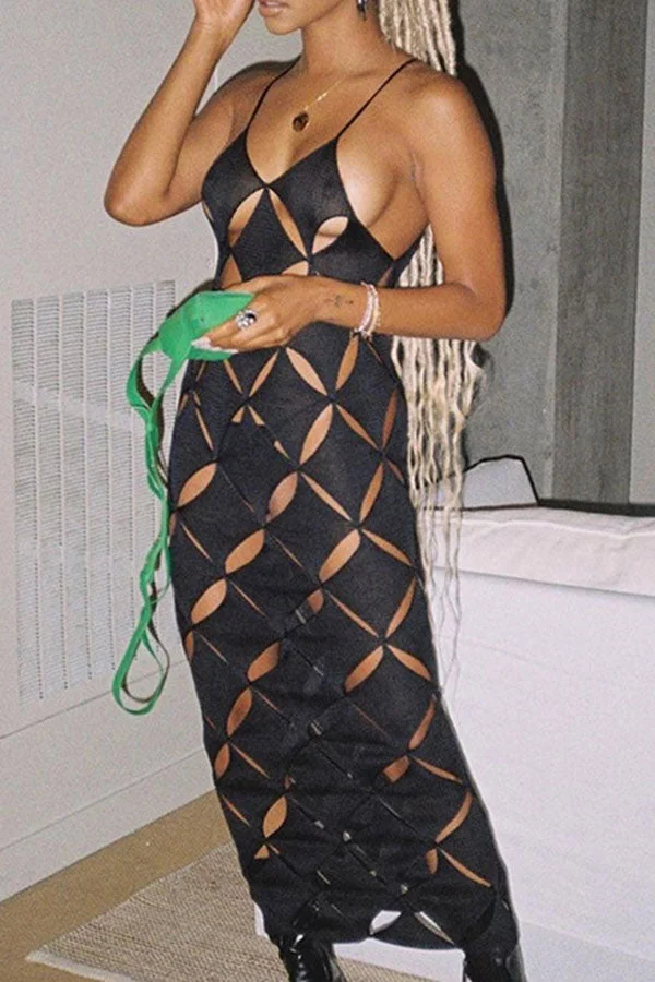 Solid Color Kitsch Cutout See-through Maxi Dress
