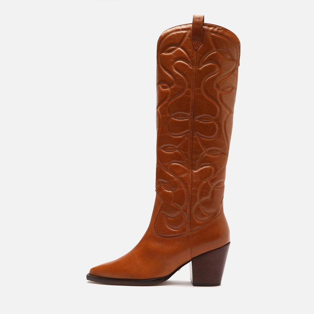 Brown Pointed Toe Block Heeled Wide Calf Knee High Cowgirl Boots