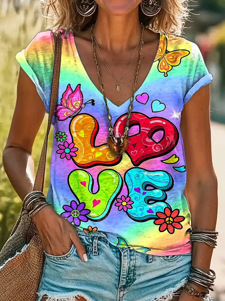Women's Valentine's Day Love Tie Dye Print 100%Cotton V-neck T-Shirt
