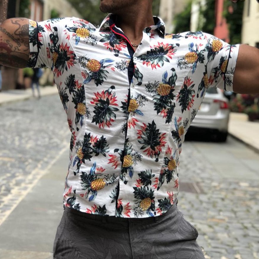Men's Holiday Tropical Print Casual Slim Short Sleeve Shirt、、URBENIE