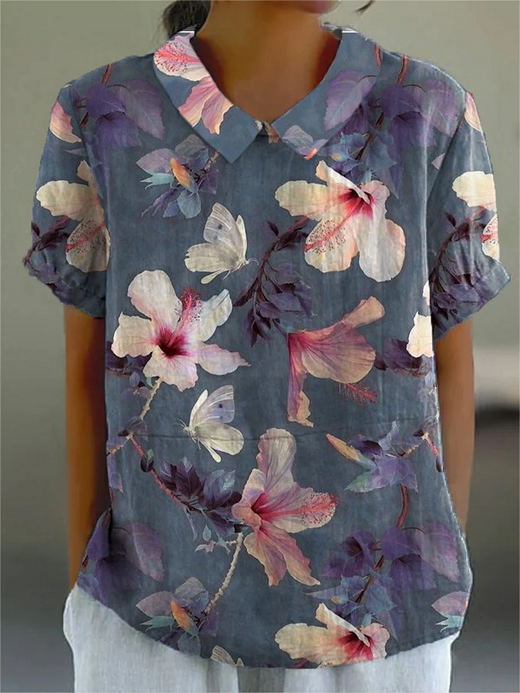 Women's Elegant Flowers Print Casual Cotton And Linen Shirt