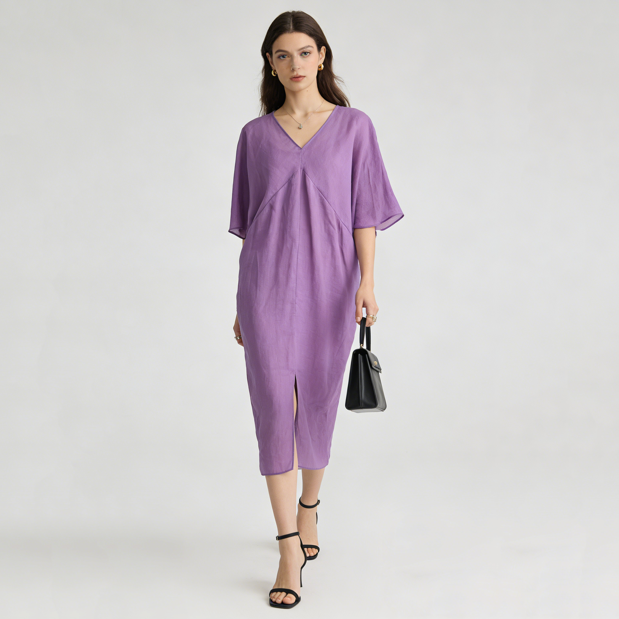 Linen Midi Dress Women 100% Ramie V Neck Loose Summer Dress REAL SILK LIFE