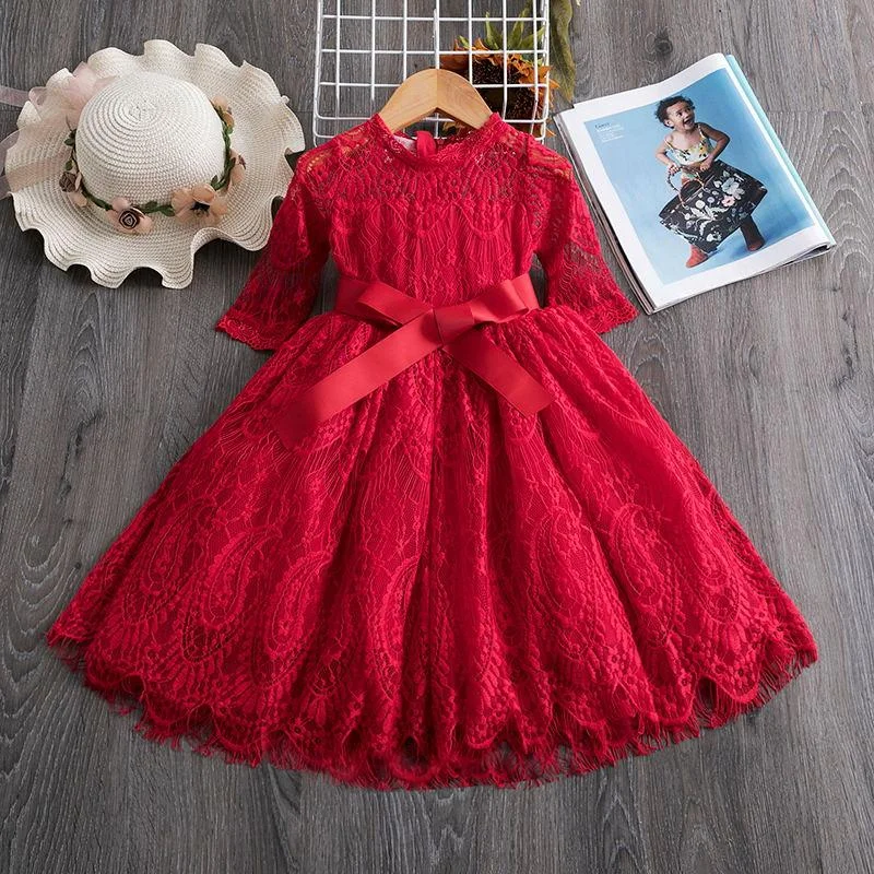 Red Kids Dresses For Girls Flower Lace Tulle Dress Wedding Little Girl Ceremony Party Birthday Dress Children Summer Clothing