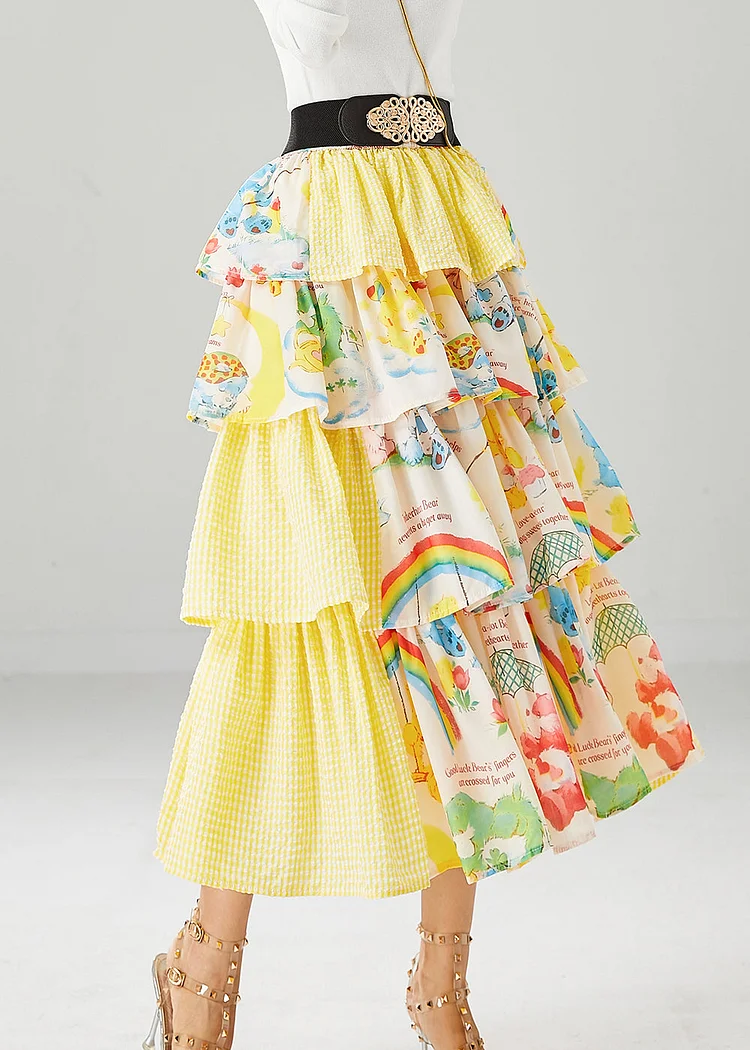 Art Yellow Layered Patchwork Ruffles Cotton Skirt Summer