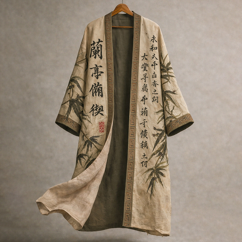 Men's Bamboo Art Pattern Linen Blend Kimono  artssus
