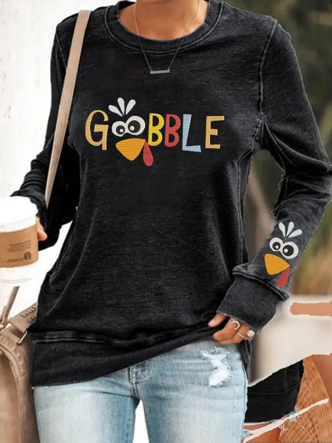 Women's Thanksgiving "GOBBLE" printed casual sweatshirt 
