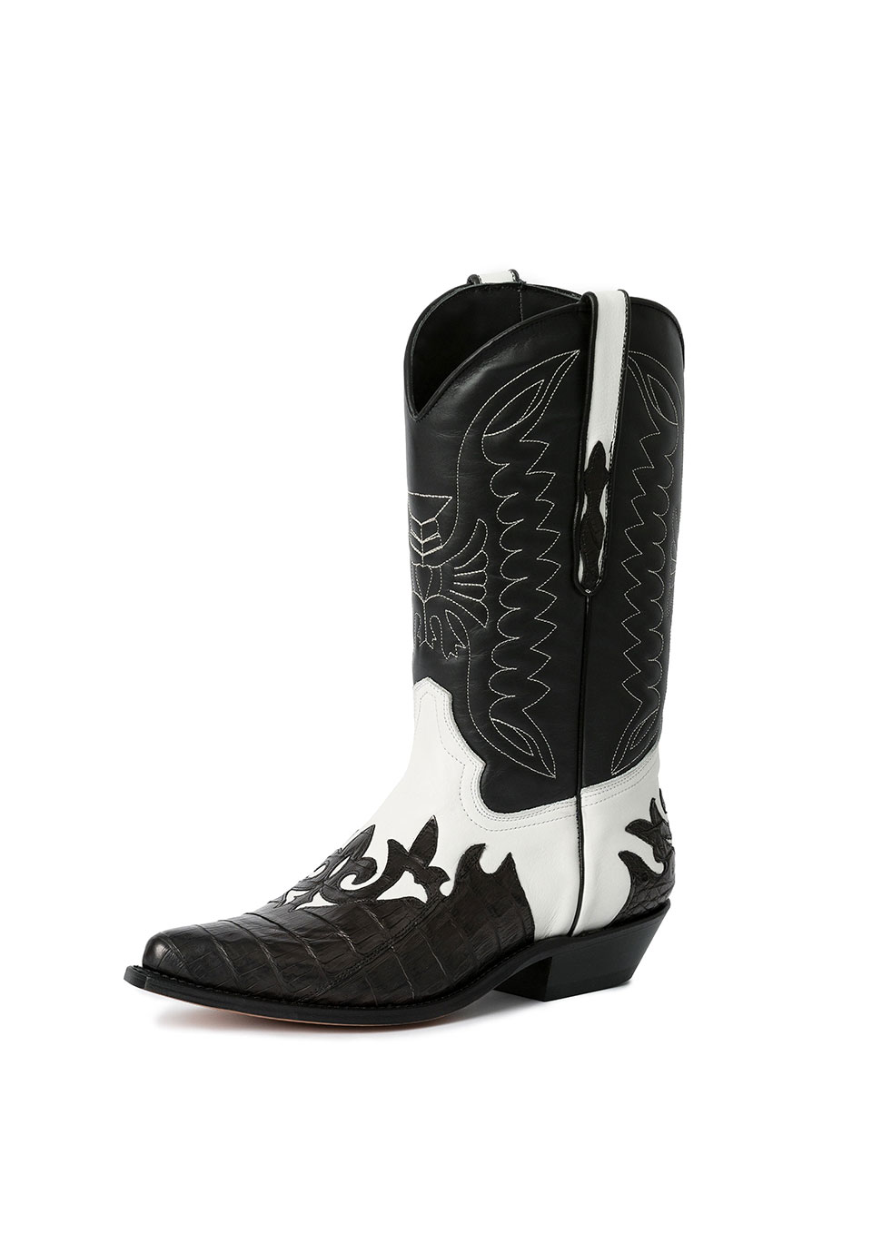 Black & White Vegan Leather Pointed Toe Eagle Embroidered Wide Calf Cowgirl Boots With Chunky Heels