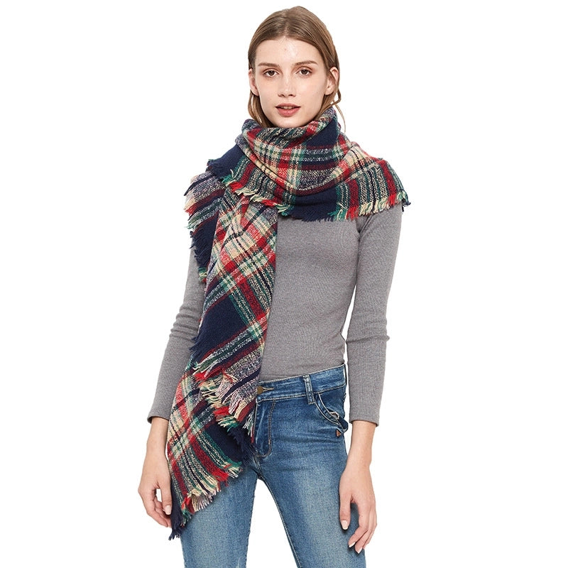 Hot Factory Direct Supply Autumn And Winter New Thickened Warm Circle Yarn Bristle Plaid Square Scarf For Women