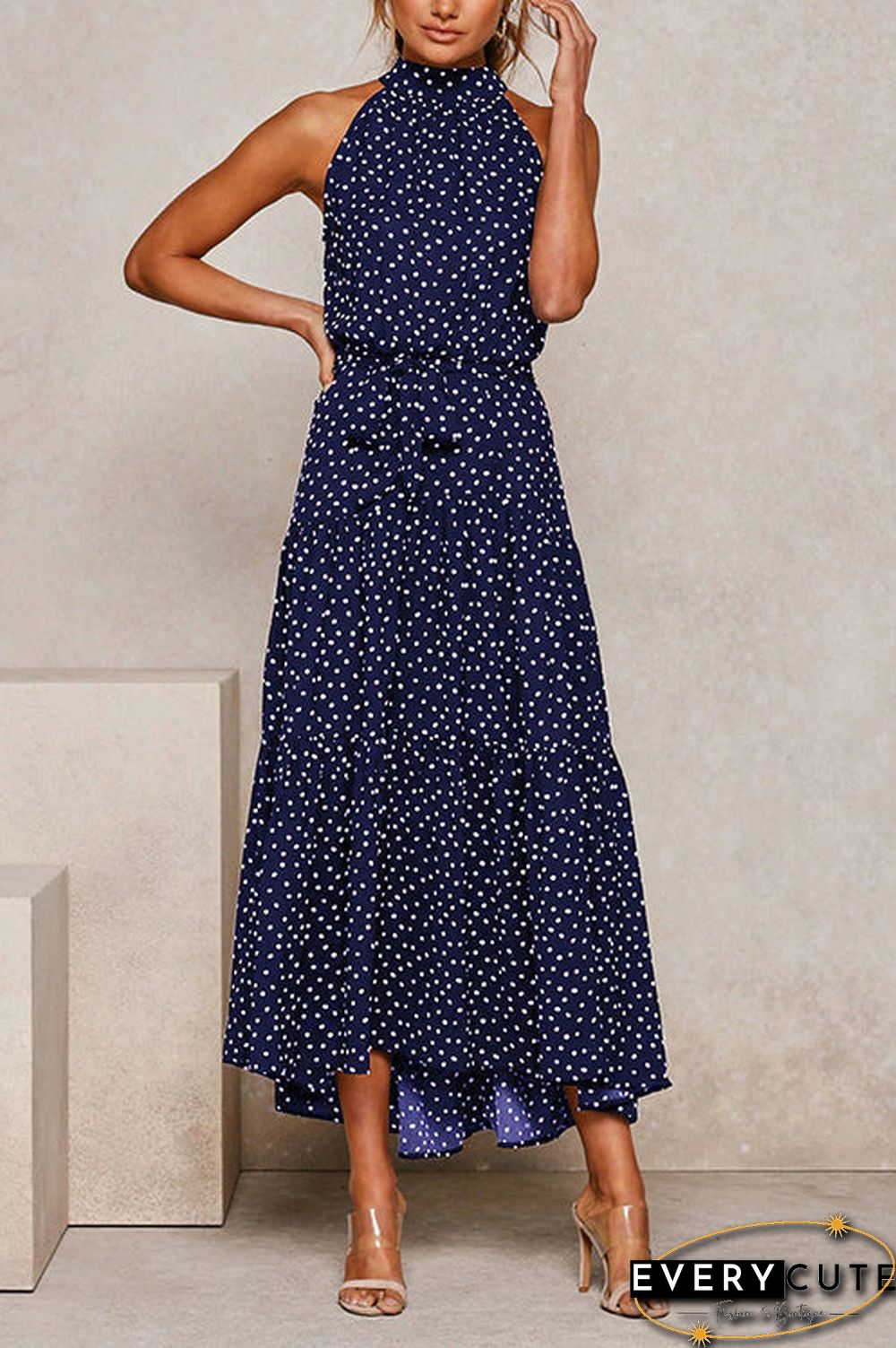 Print Belted Sleevelss Maxi Dress