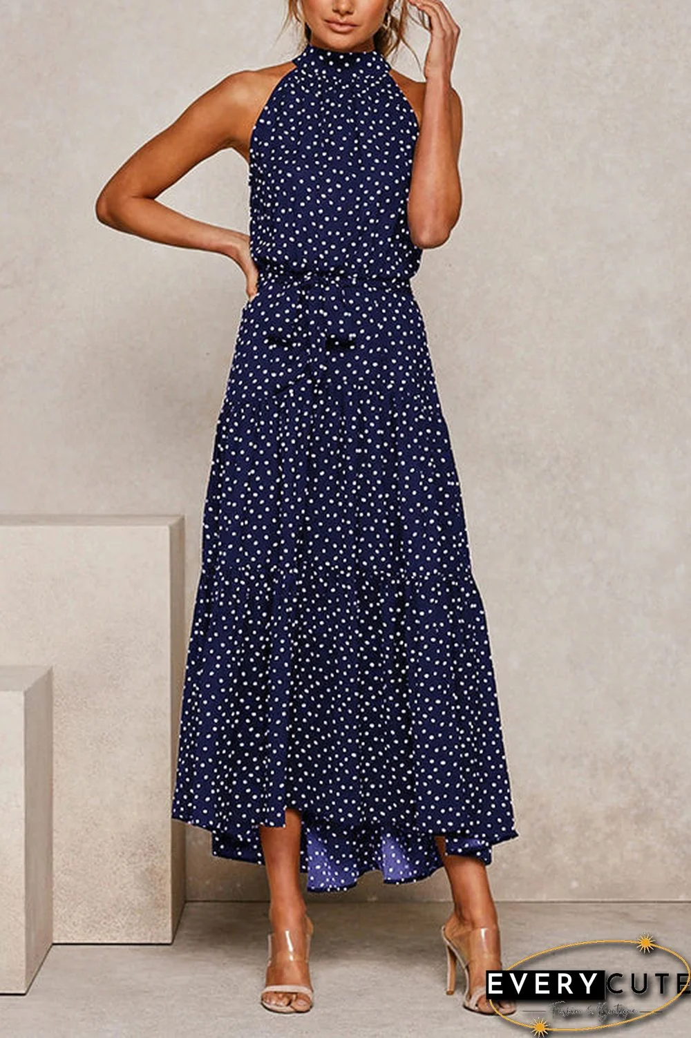 Print Belted Sleevelss Maxi Dress