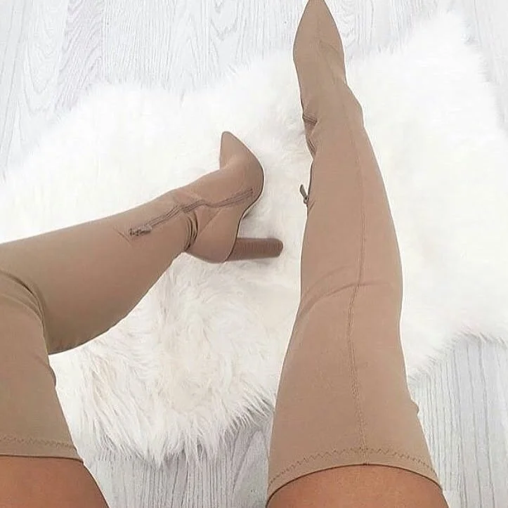 Natural Color Lycra Thigh High Heel Boots Chunky Heel Boots |FSJ Shoes