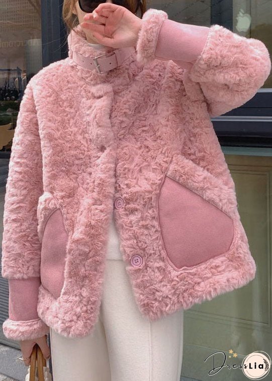 Women Pink Stand Collar Pockets Faux Fur Winter Coats