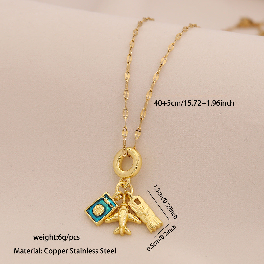 Dripping Oil Earth Airplane Suitcase Pendant Necklace Retro Color Preserving Accessories N1509