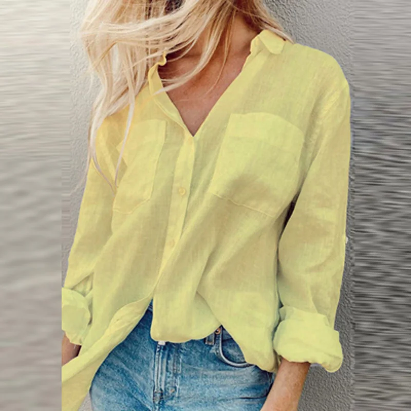 New Fashion Long Sleeve Button Lapel Shirt Tops Ladies Loose Pocket Blusas Mujer Women Autumn Solid Color Casual Blouses Shirts