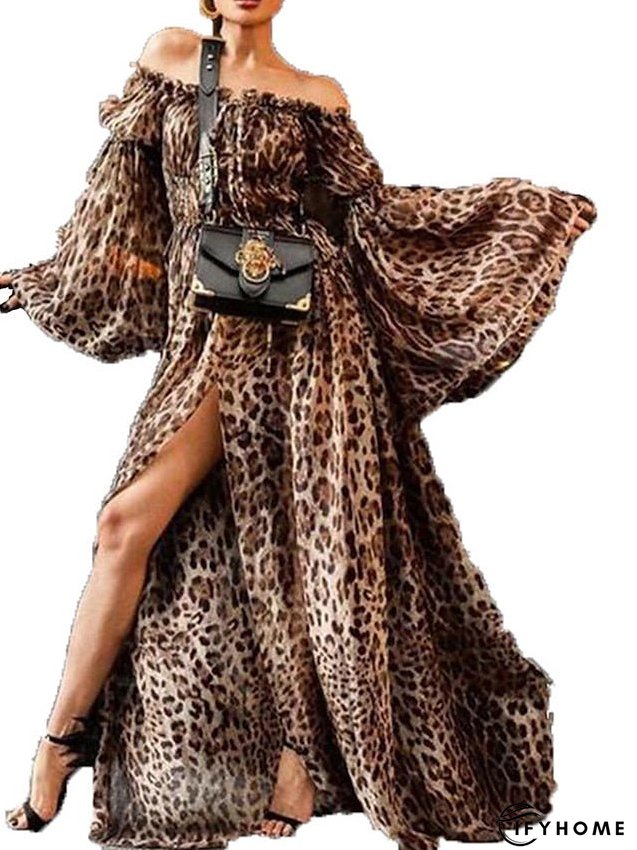 Long Dress Maxi Dress Party Dress Swing Dress Print Dress Leopard Fashion Elegant Dress Party Going out Split Print Long Sleeve Off Shoulder Dress Regular Fit Blue Brown Gray Spring Summer S for Women | IFYHOME