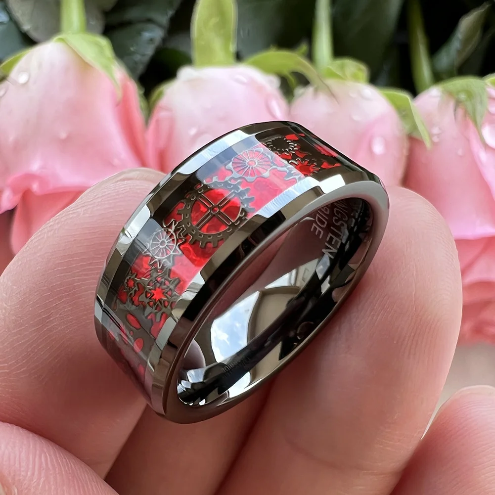 8MM Women's or Men's Tungsten Carbide Wedding Gear Rings Black with Mechanical Gear Red Carbon Fiber